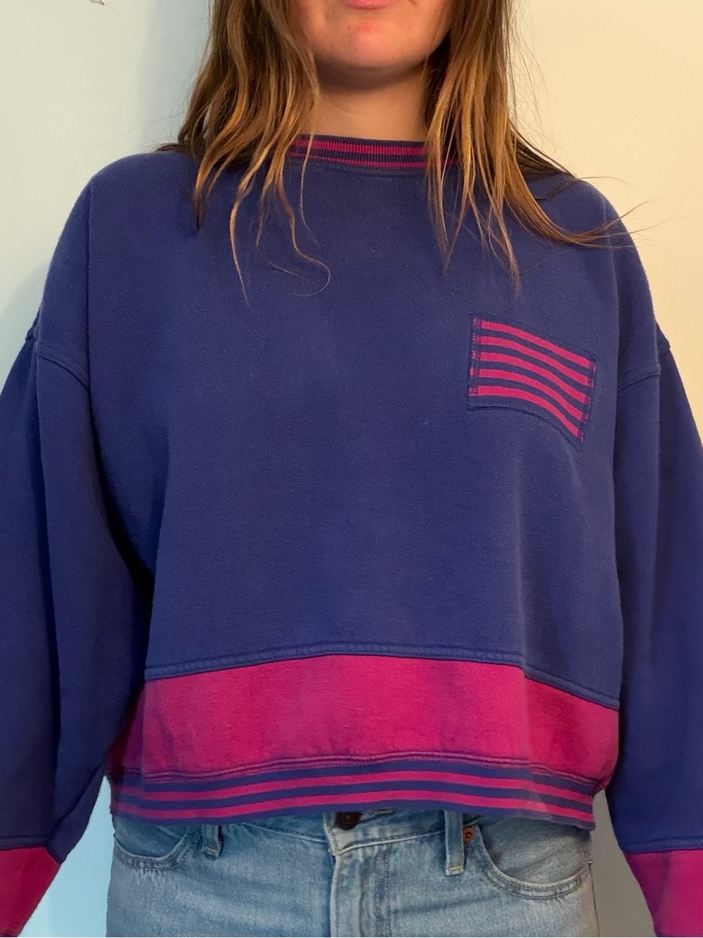 Vintage Carole Little Purple Sweatshirt with Pink Stripe Trim